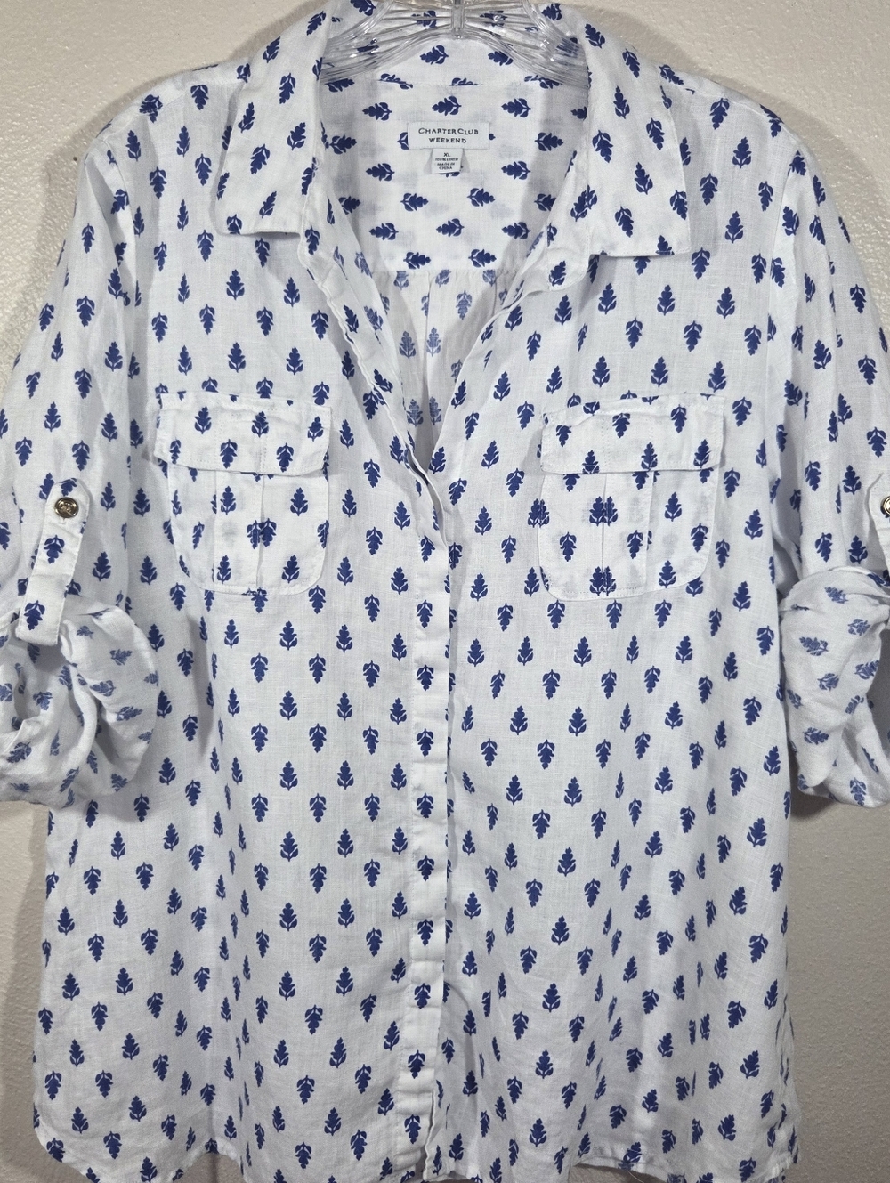Charter Club Weekend Women's Linen White and Vibrant Blue XL Vacay Summer Vibes